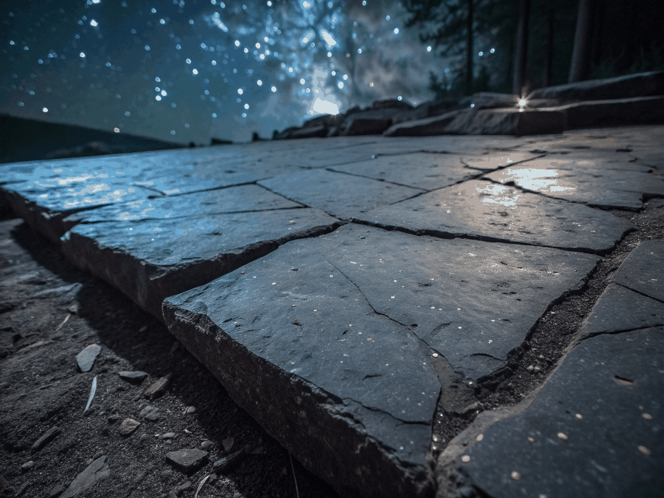 Ancient stone relic covered in cosmic dust and light