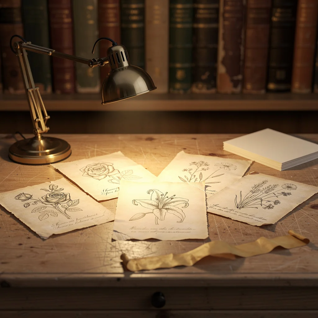 A desk filled with research papers and ancient maps
