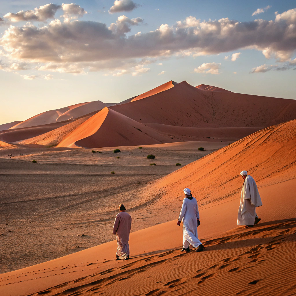 Ancient celestial beings descending over a desert landscape